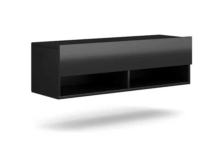 Meuble TV suspendu design CLUJ, 100 cm, 1 porte et 2 niches, coloris noir et noir brillant.