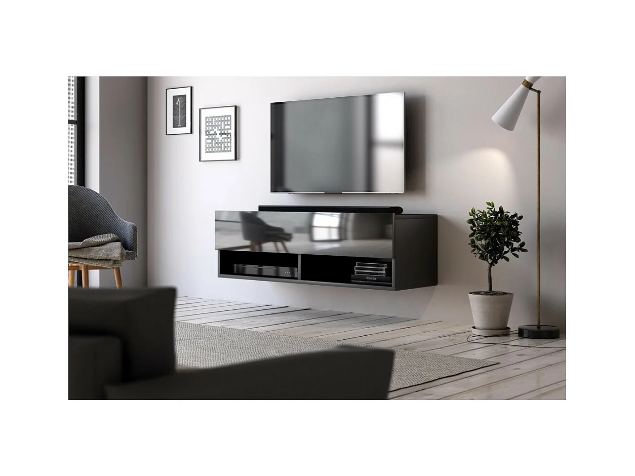 Meuble TV suspendu design CLUJ, 100 cm, 1 porte et 2 niches, coloris noir et noir brillant.