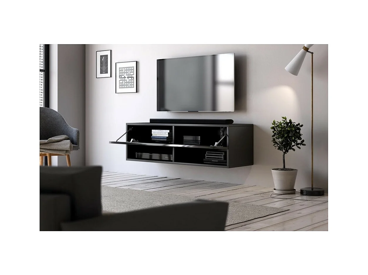 Meuble TV suspendu design CLUJ, 100 cm, 1 porte et 2 niches, coloris noir et noir brillant.