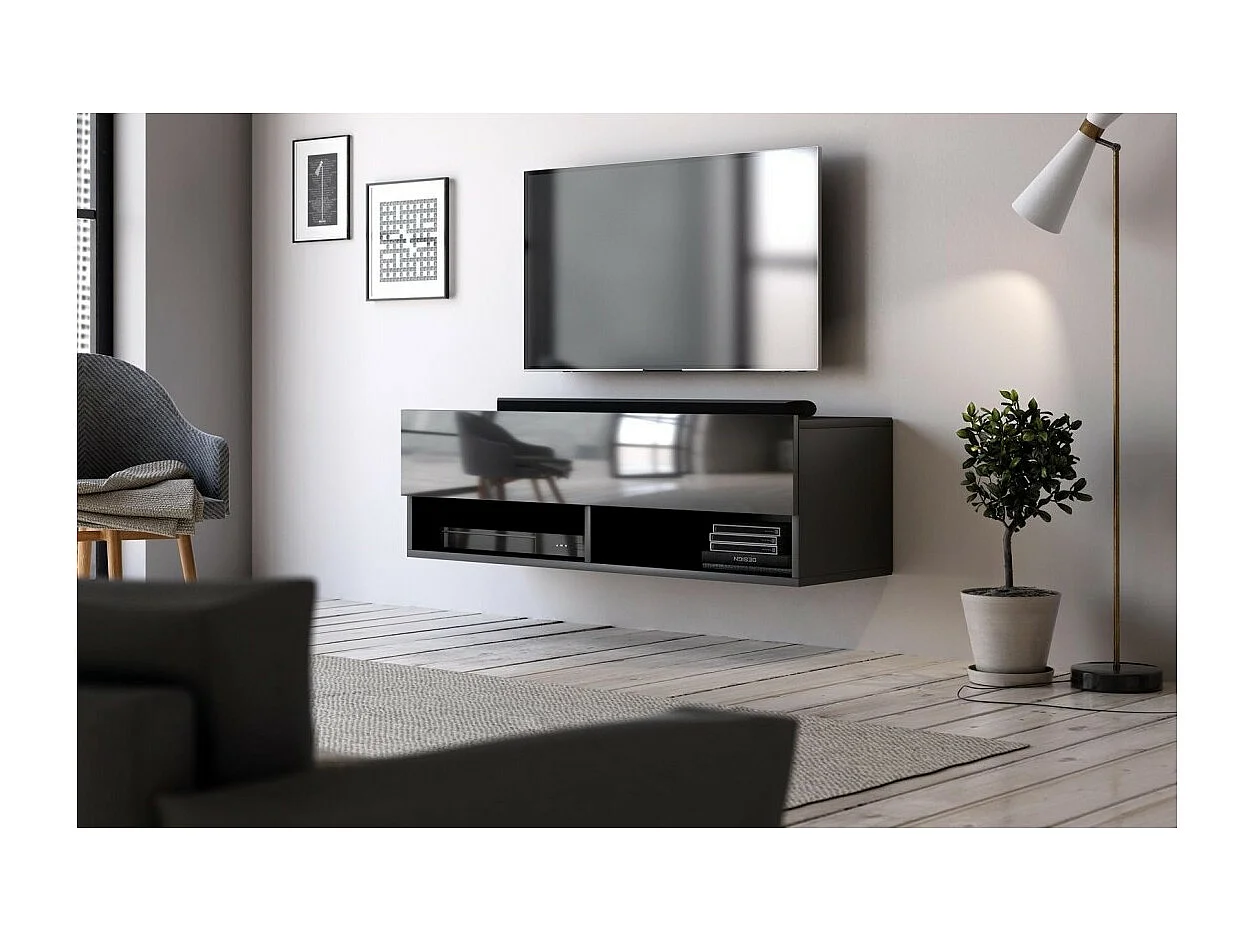 Meuble TV suspendu design CLUJ, 100 cm, 1 porte et 2 niches, coloris noir et noir brillant.