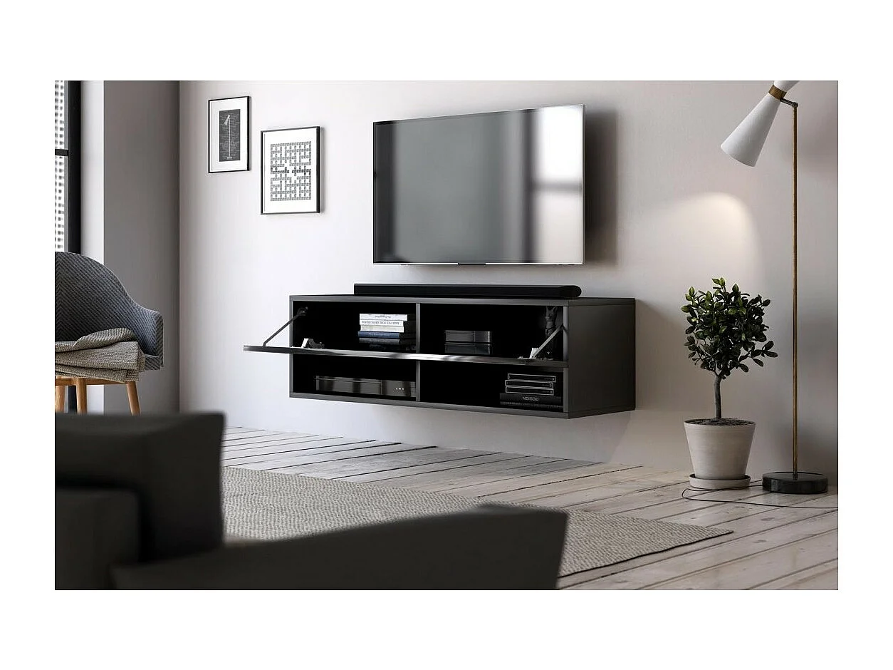 Meuble TV suspendu design CLUJ, 100 cm, 1 porte et 2 niches, coloris noir et noir brillant.