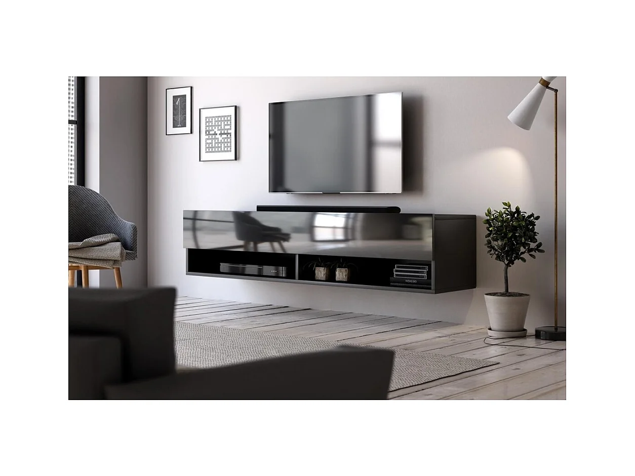 Mueble para TV colgante de diseño CLUJ, 140 cm, 1 puerta y 2 nichos, color negro y negro brillante.