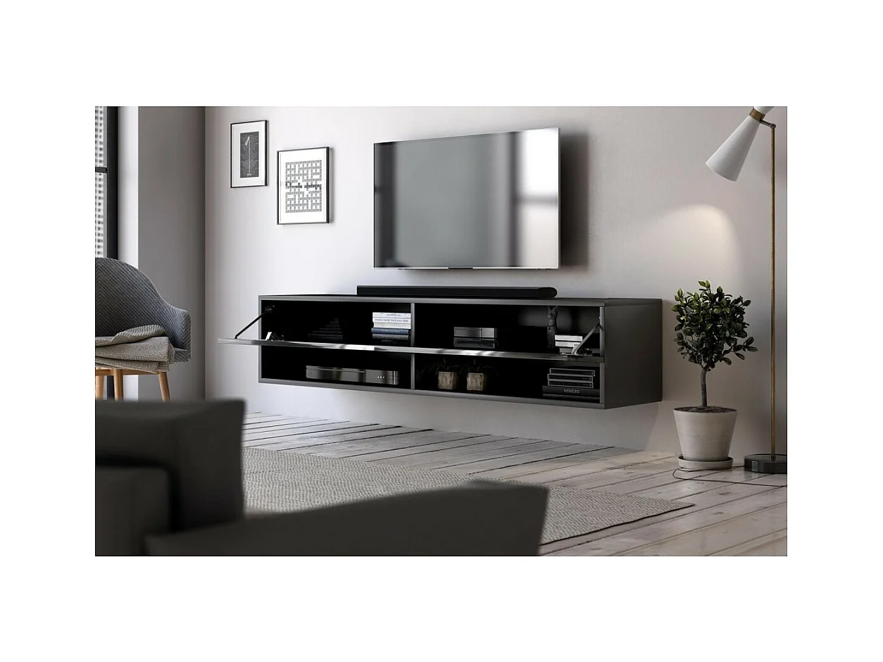 Mueble para TV colgante de diseño CLUJ, 140 cm, 1 puerta y 2 nichos, color negro y negro brillante.