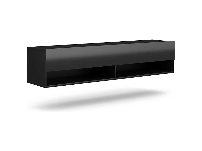 Meuble TV suspendu design CLUJ, 140 cm, 1 porte et 2 niches, coloris noir et noir brillant.