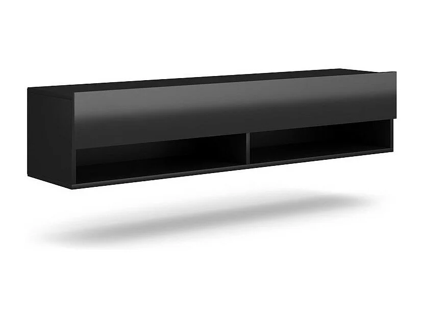 Meuble TV suspendu design CLUJ, 140 cm, 1 porte et 2 niches, coloris noir et noir brillant.