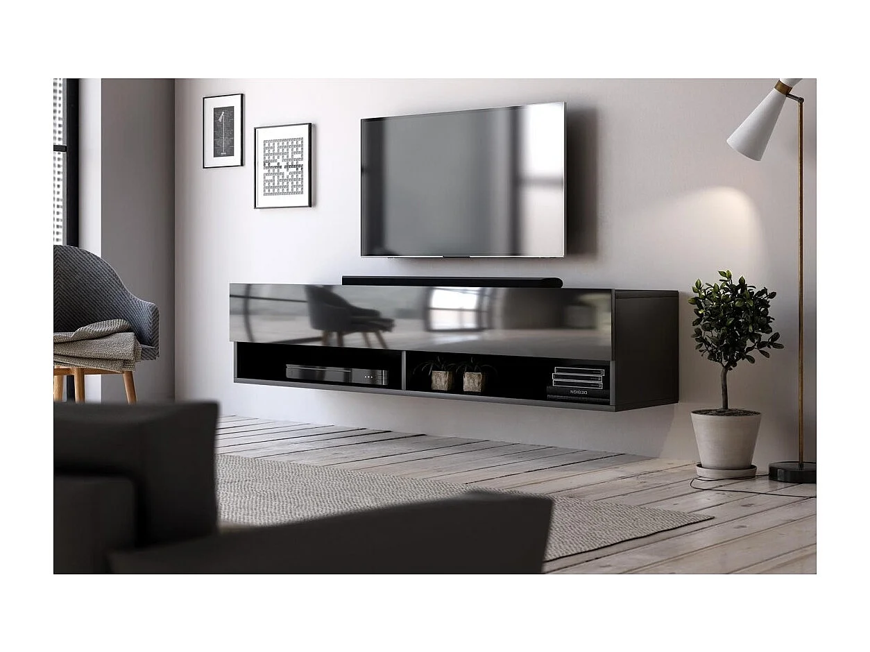 Meuble TV suspendu design CLUJ, 140 cm, 1 porte et 2 niches, coloris noir et noir brillant.