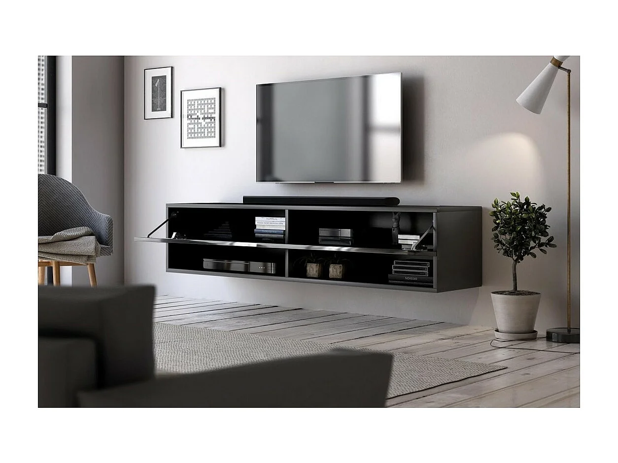 Meuble TV suspendu design CLUJ, 140 cm, 1 porte et 2 niches, coloris noir et noir brillant.