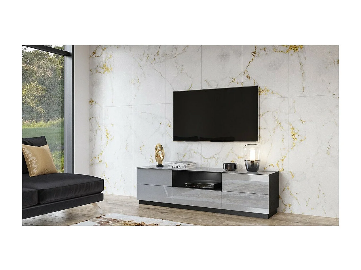 Meuble TV 180cm collection ZANTE avec 2 portes et 1 tiroir. LED incluses. Couleur noir et gris brillant.