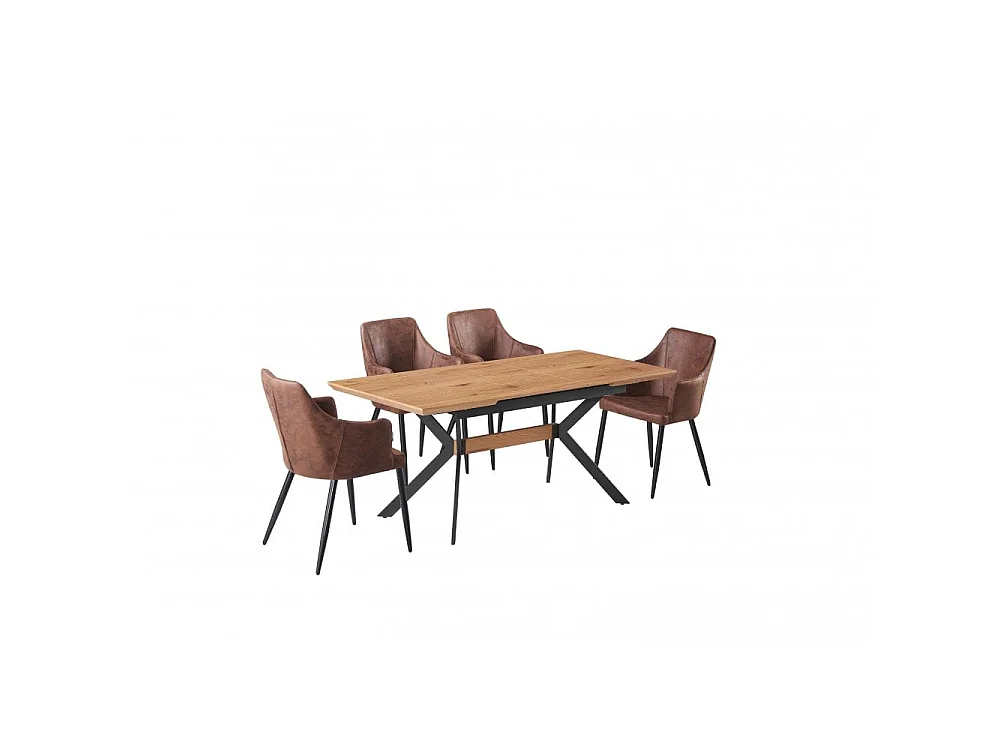 ZARAH BLAZE - Table à Manger Coloris Chêne + 4 Chaises en Simili Cuir Marron Clair