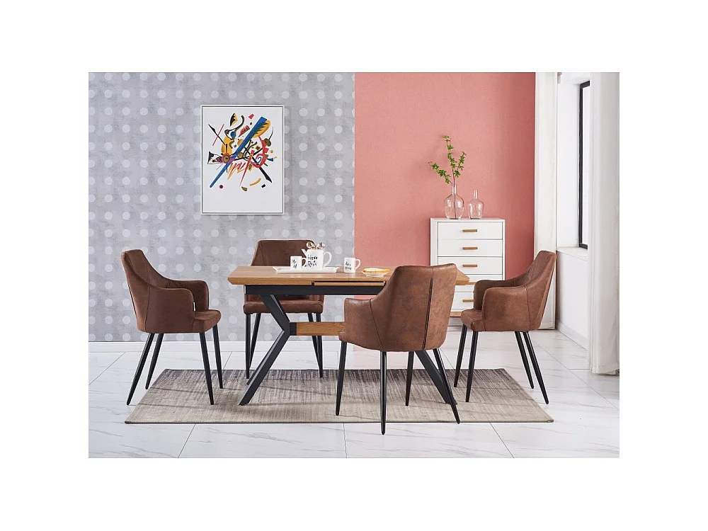 ZARAH BLAZE - Table à Manger Coloris Chêne + 4 Chaises en Simili Cuir Marron Clair