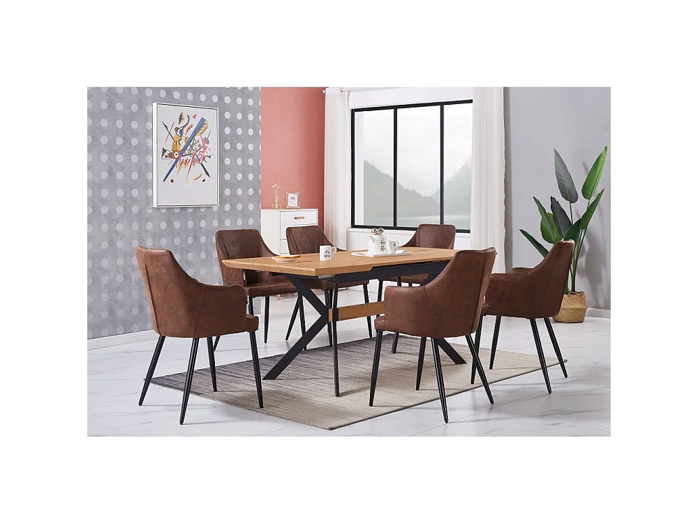 ZARAH BLAZE - Table à Manger Coloris Chêne + 4 Chaises en Simili Cuir Marron Clair