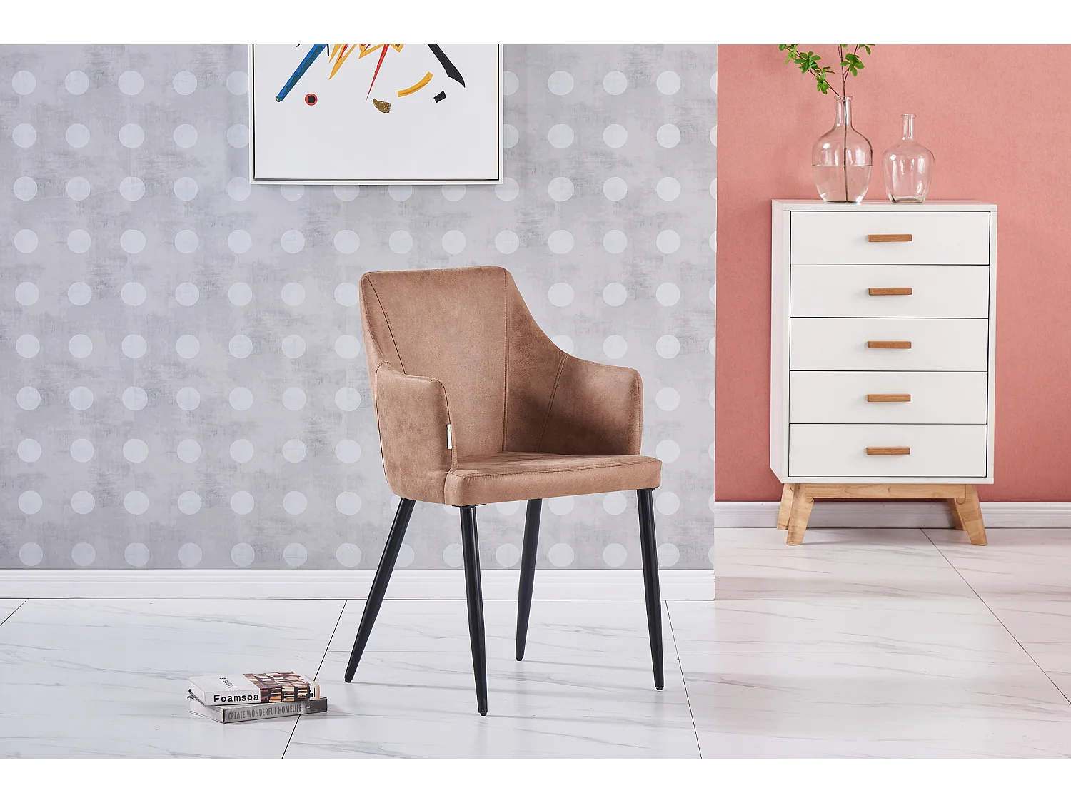 ZARAH BLAZE - Table à Manger Coloris Chêne + 4 Chaises en Simili Cuir Marron Clair