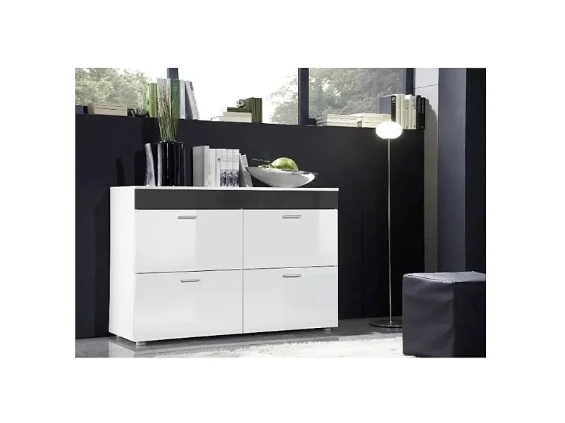 Buffet diseño LOGO, 4 puertas Color blanco brillante y banda gris brillante