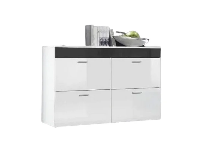 Design buffet LOGO, 4 deuren in glanzend wit en een glanzende grijze strook.