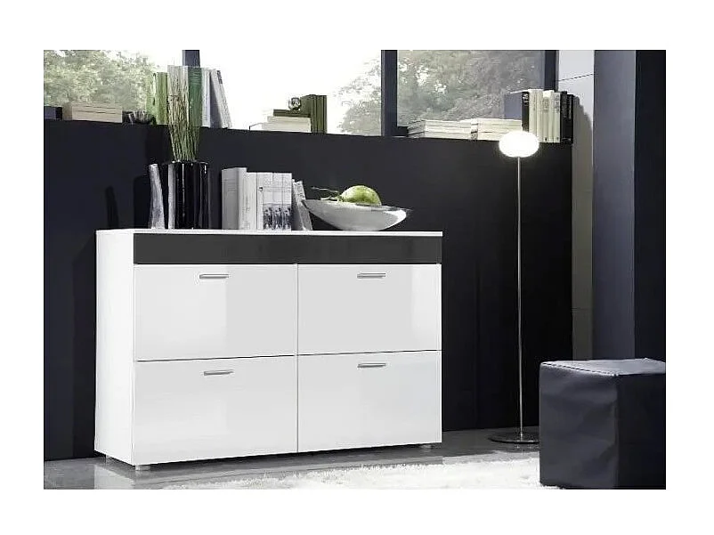 Buffet diseño LOGO, 4 puertas Color blanco brillante y banda gris brillante