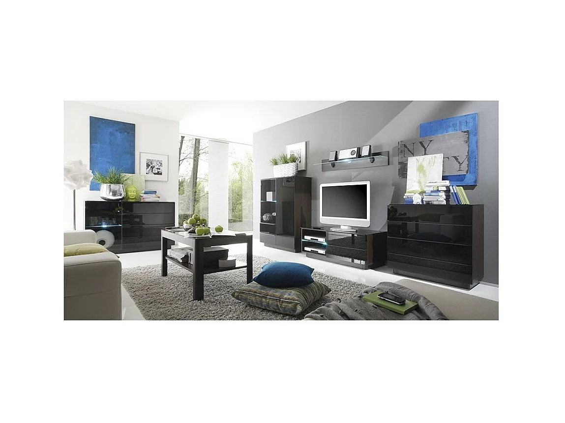 Buffet, aparador, enfilade TONGA 4 gavetas, uma porta. Visual ultramoderno. Cor Wengé. LEDs inclusos.