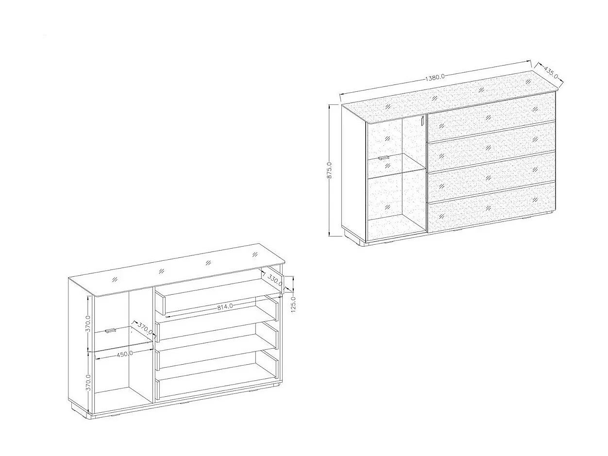 Buffet TONGA 138x87.5x43.5 cm avec 4 tiroirs, 1 porte et LED, coloris wengé