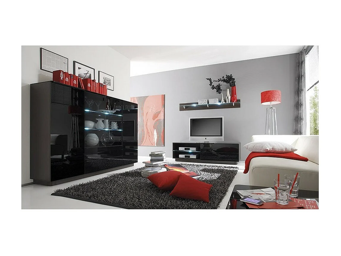 Buffet haut TONGA 187.6x134x43.5 cm avec 4 portes, 2 tiroirs et LED, coloris wengé