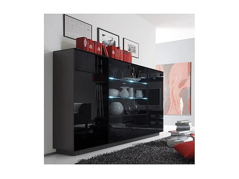 Buffet haut TONGA 187.6x134x43.5 cm avec 4 portes, 2 tiroirs et LED, coloris wengé