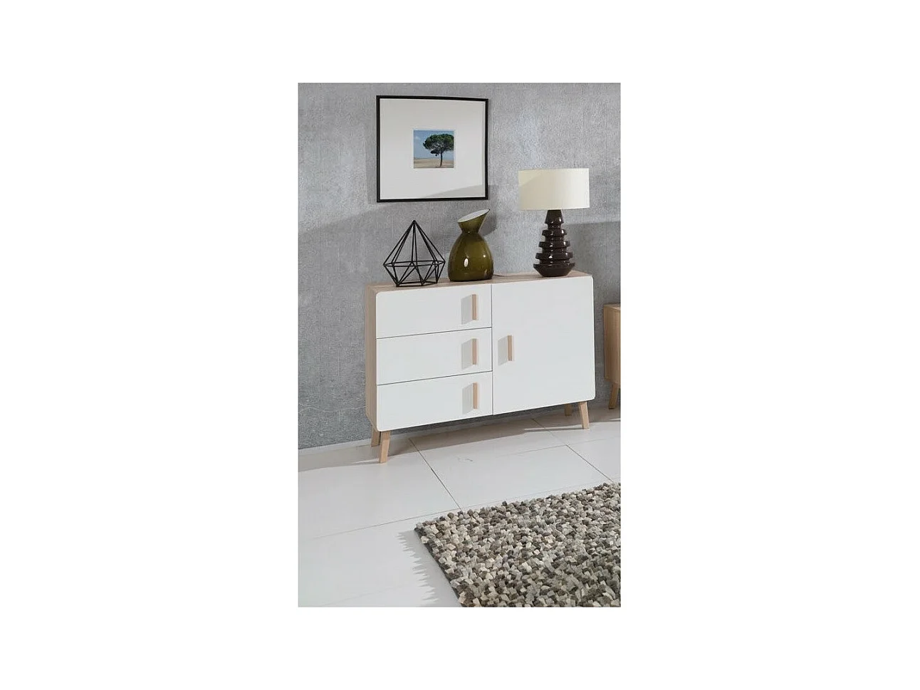 Kleines Sideboard OSLO - Skandinavischer Stil - Farbe Eiche und Weiß - 100 x 78 x 40 cm