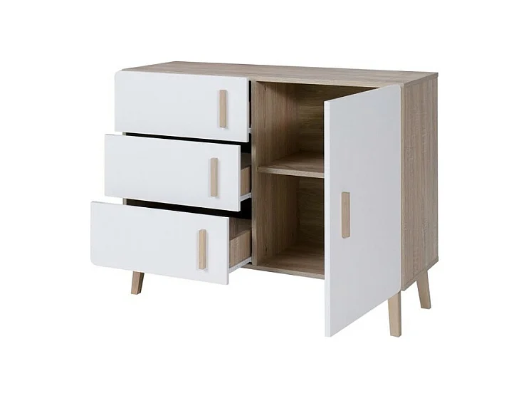 Kleines Sideboard OSLO - Skandinavischer Stil - Farbe Eiche und Weiß - 100 x 78 x 40 cm