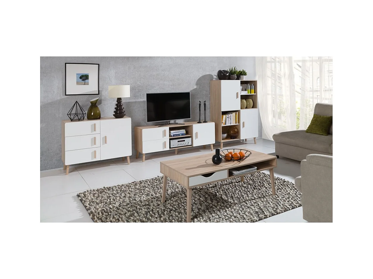 Kleines Sideboard OSLO - Skandinavischer Stil - Farbe Eiche und Weiß - 100 x 78 x 40 cm