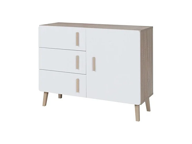 Klein buffet OSLO - Scandinavische stijl - Kleur eiken en wit - 100 x 78 x 40 cm