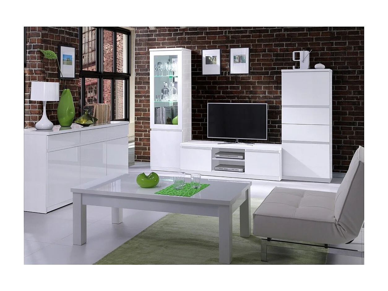 Ensemble buffet 3 portes 3 tiroirs FABIO + miroir – Blanc brillant – Design contemporain