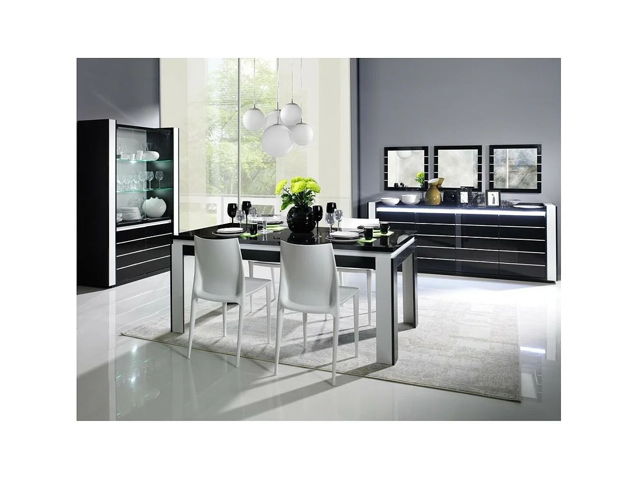 Buffet, aparador, enfilade LINA com LED + 3 x espelhos. Móvel preto e branco, ideal para sua sala de estar ou sala de jantar.