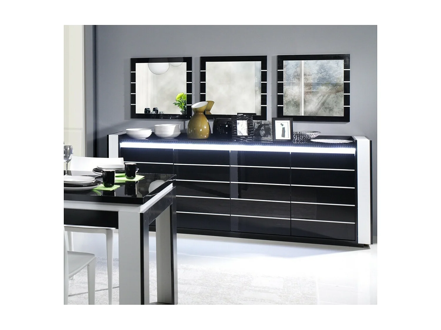 Ensemble buffet LINA avec 3 miroirs coloris noir et blanc