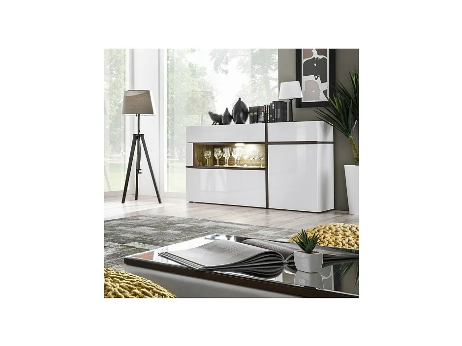 Buffet 2 portes 2 tiroirs CRISS avec LED – Blanc brillant et bois – Design moderne