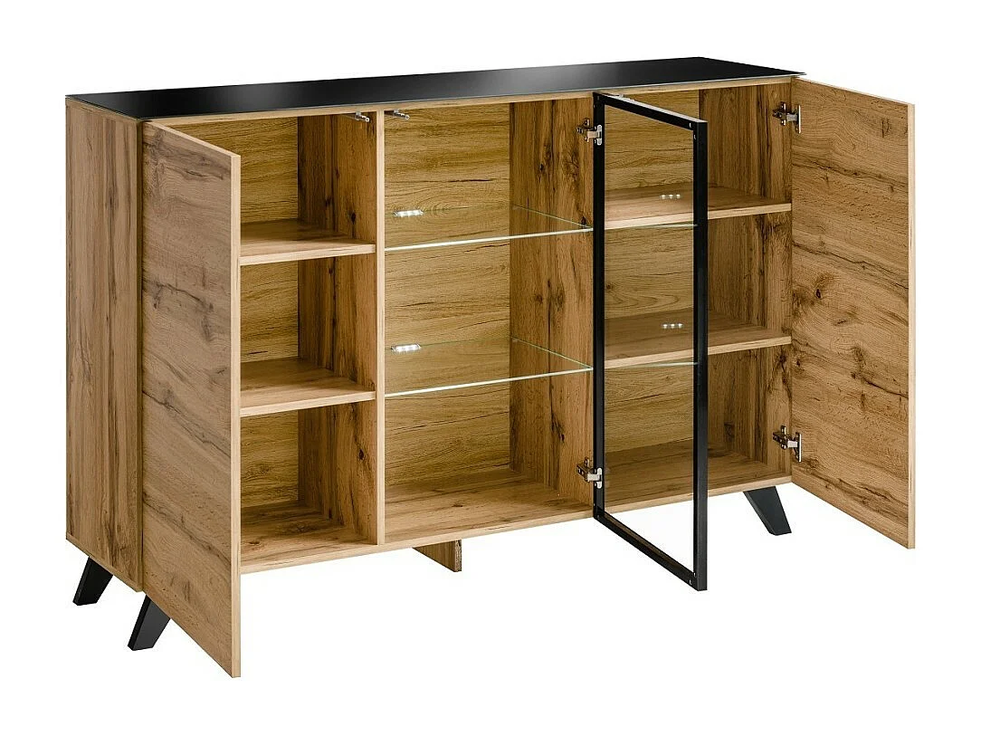 Buffet 3 portes TINO avec LED – Chêne clair et noir – Style scandinave moderne