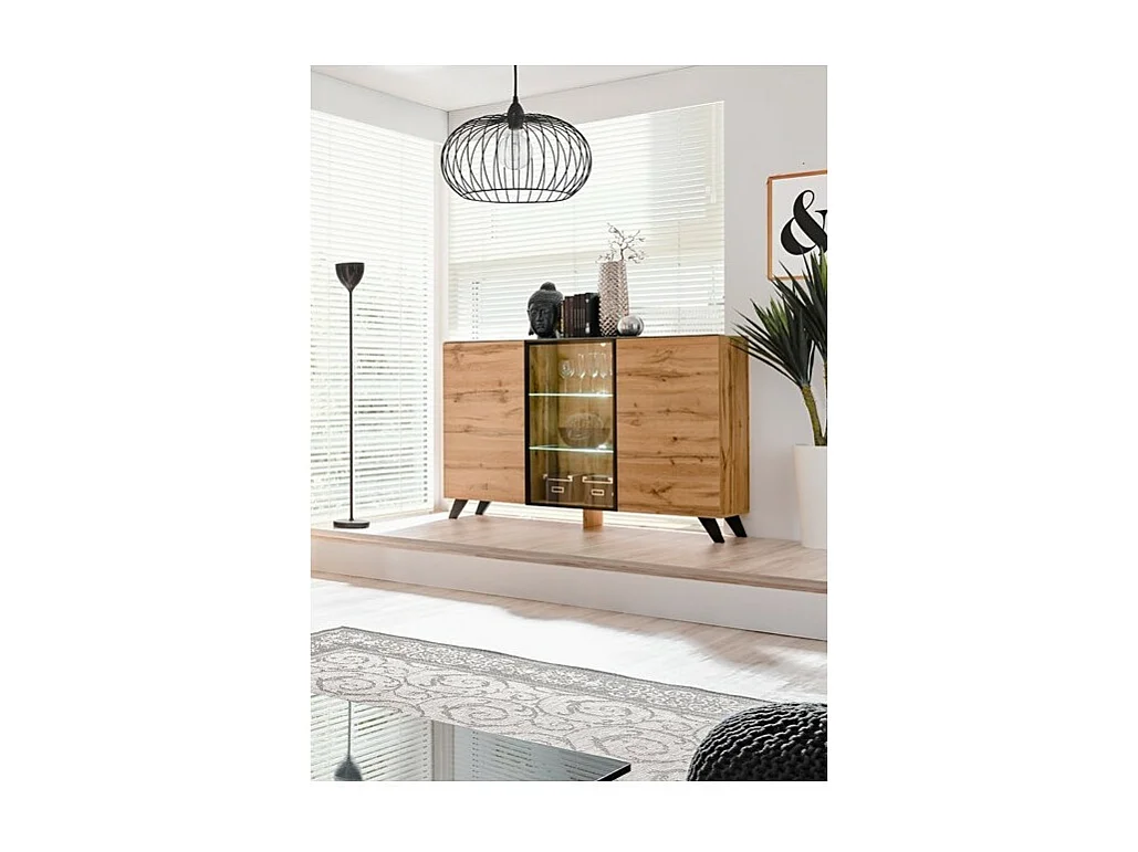 Buffet 3 portes TINO avec LED – Chêne clair et noir – Style scandinave moderne