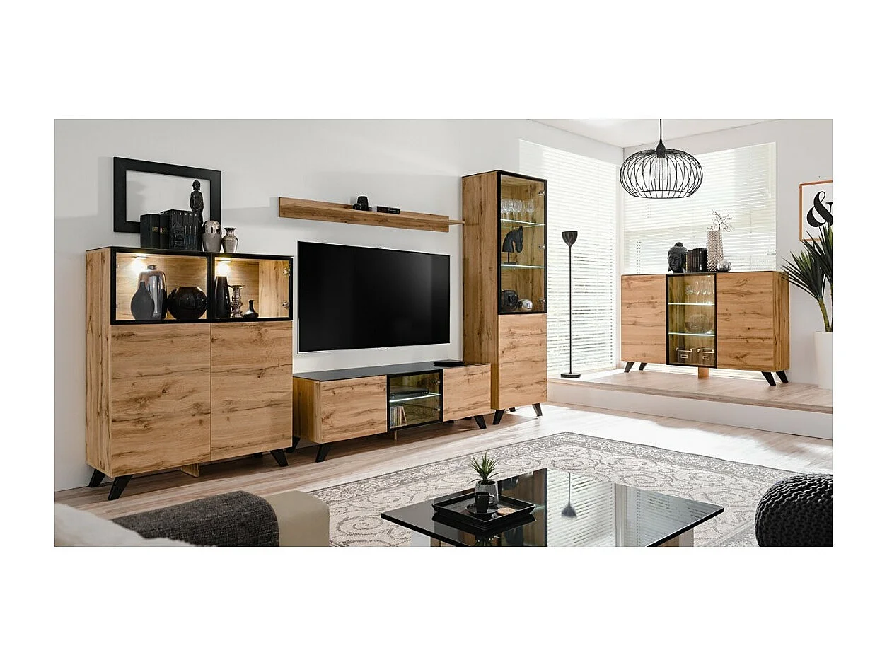 Buffet 3 portes TINO avec LED – Chêne clair et noir – Style scandinave moderne