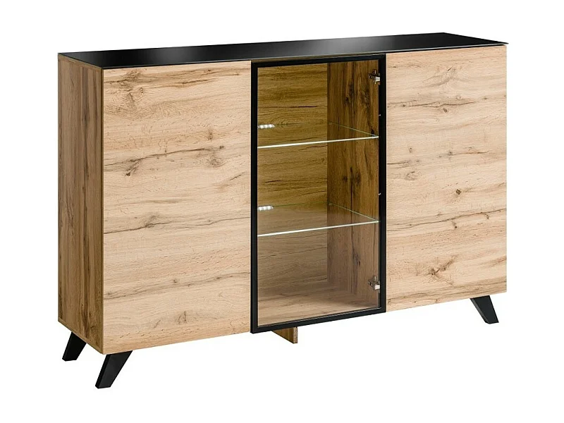 Buffet 3 portes TINO avec LED – Chêne clair et noir – Style scandinave moderne