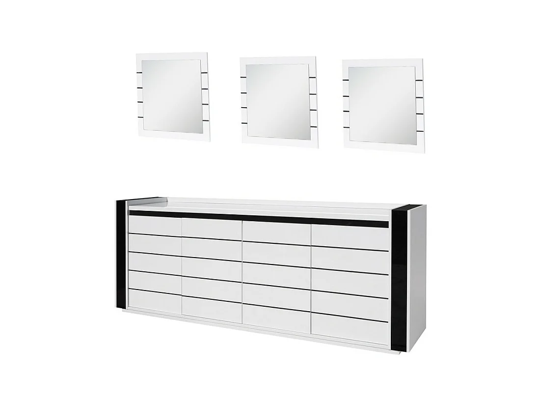 Ensemble buffet LINA avec LED et 3 miroirs carrés coloris blanc et noir