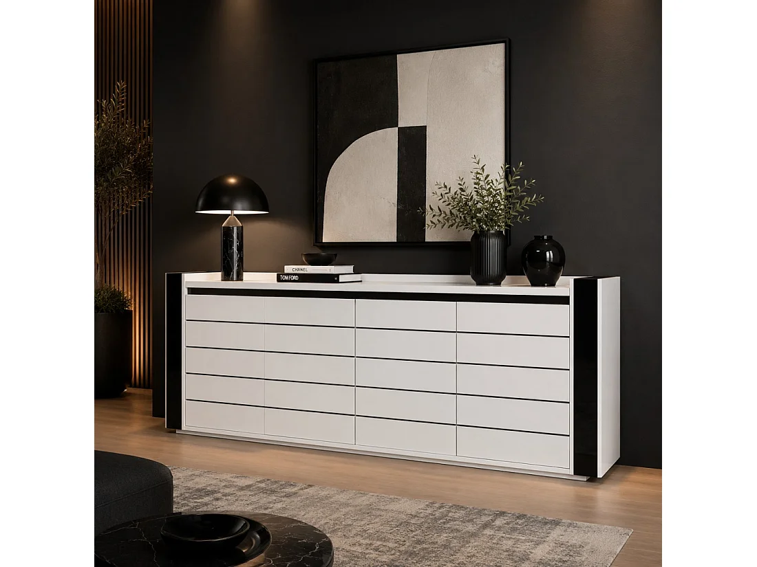 Buffet LINA blanc et noir avec LED – 220 x 87 x 50 cm
