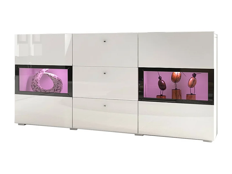 Buffet mit 2 Türen und 3 Schubladen, Kollektion RAMOS. Integrierte LED-Beleuchtung. Farbe glänzend weiß und schwarz.