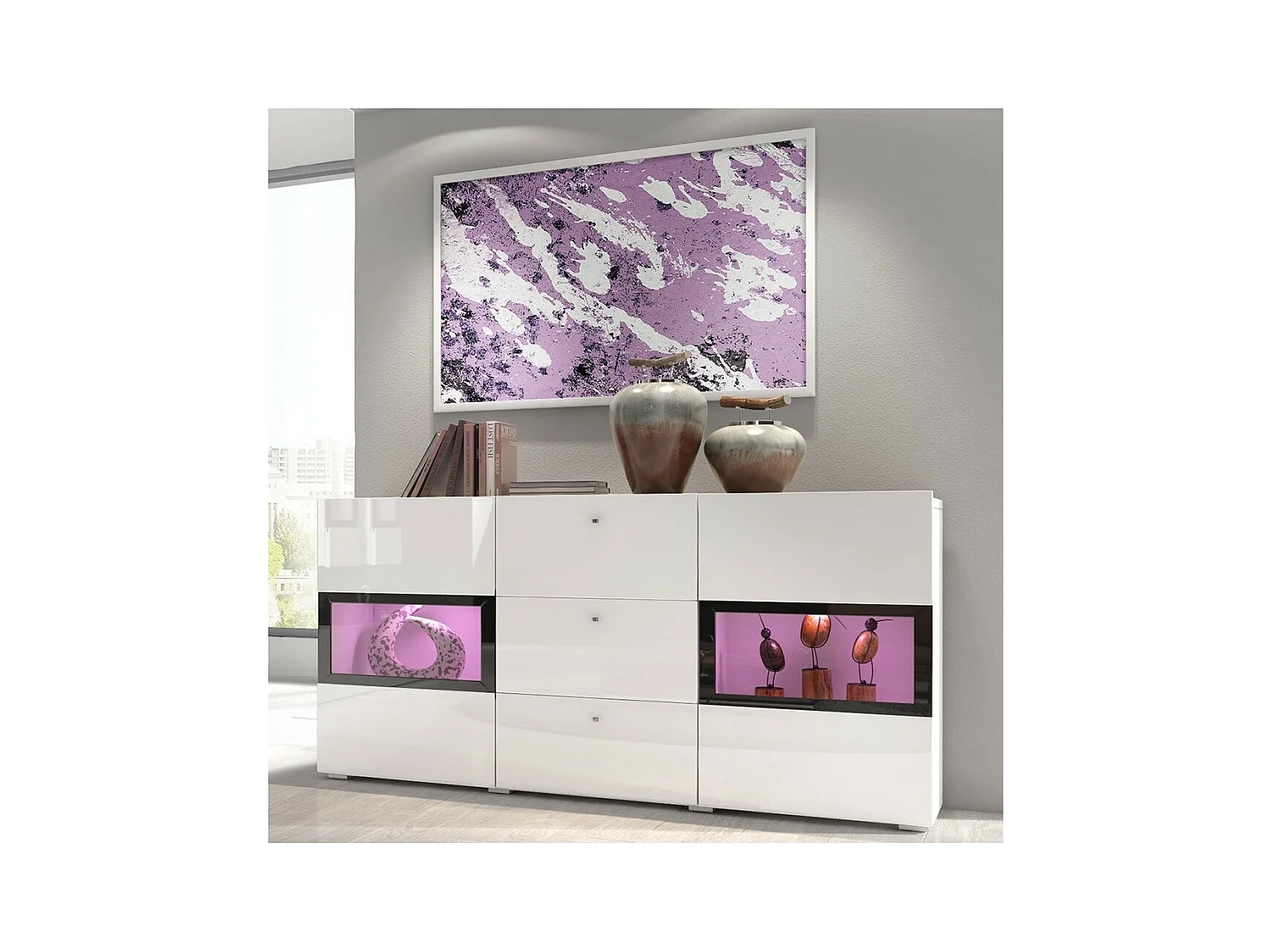 Buffet mit 2 Türen und 3 Schubladen, Kollektion RAMOS. Integrierte LED-Beleuchtung. Farbe glänzend weiß und schwarz.