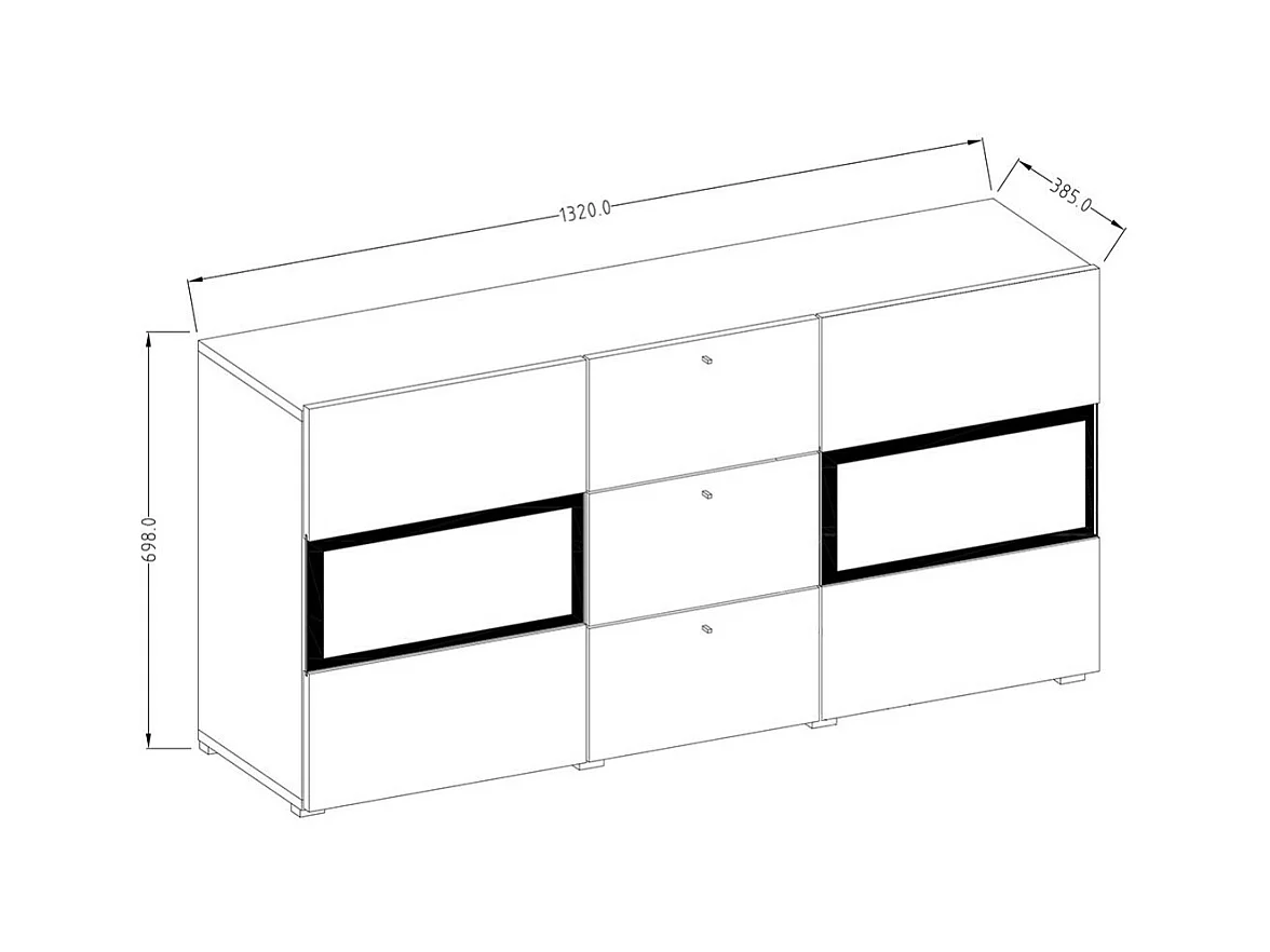 Buffet mit 2 Türen und 3 Schubladen, Kollektion RAMOS. Integrierte LED-Beleuchtung. Farbe glänzend weiß und schwarz.