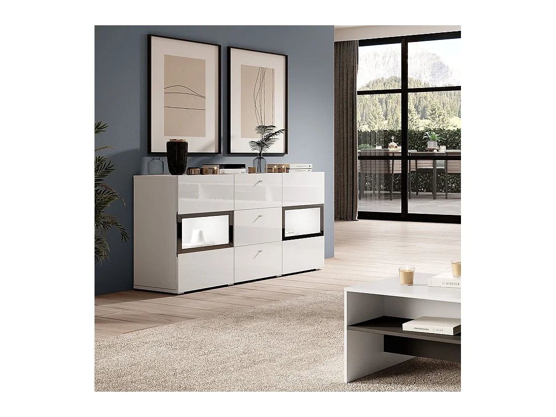Buffet mit 2 Türen und 3 Schubladen, Kollektion RAMOS. Integrierte LED-Beleuchtung. Farbe glänzend weiß und schwarz.