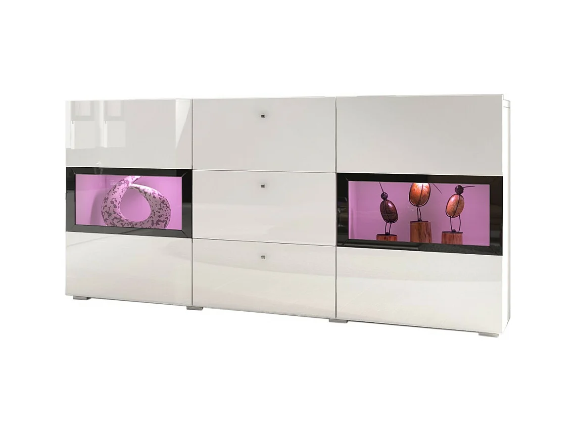 Buffet RAMOS – Coloris blanc brillant et noir – LED multicolores intégrées - 2 portes vitrées + 3 tiroirs