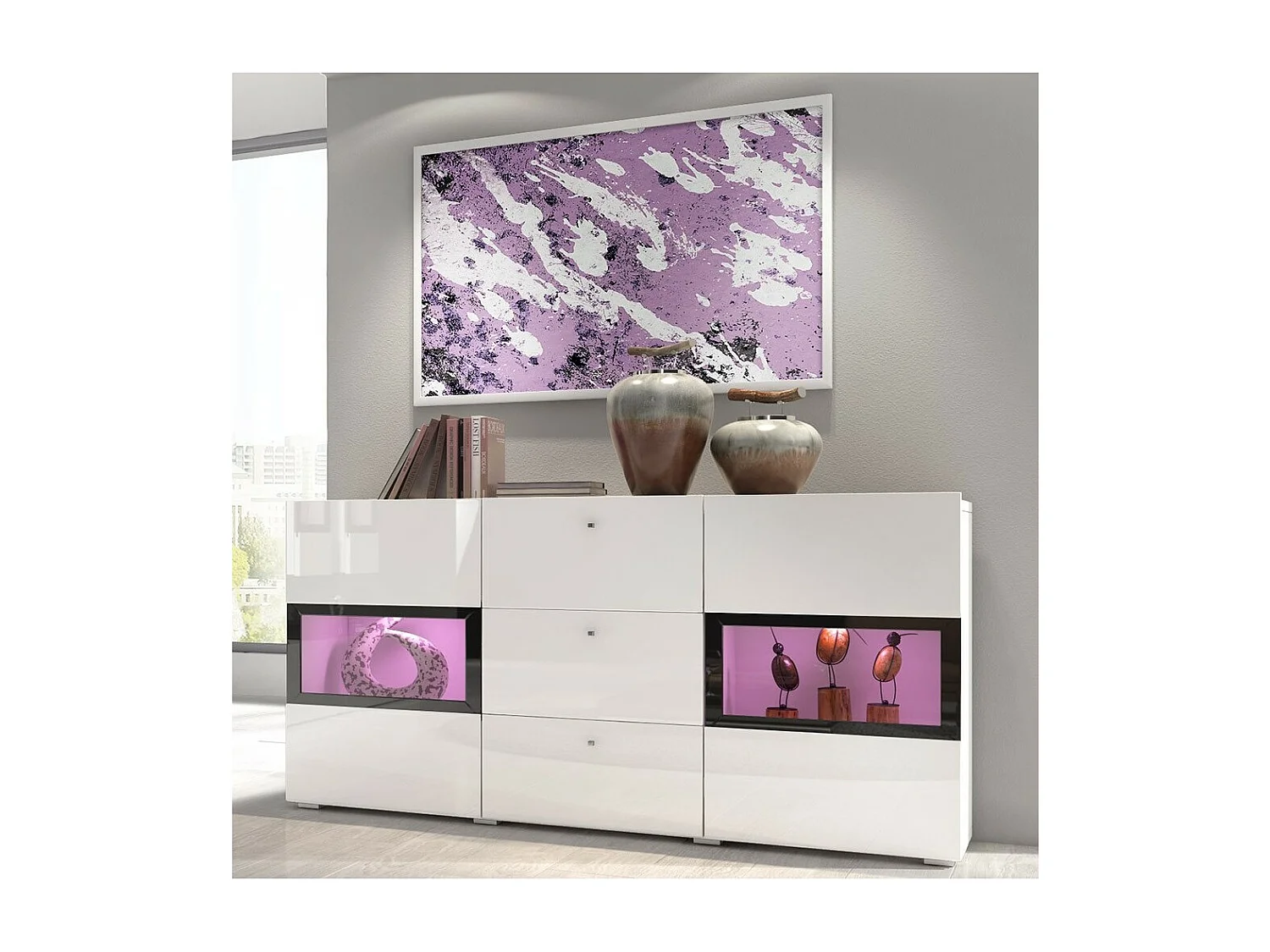 Buffet RAMOS – Coloris blanc brillant et noir – LED multicolores intégrées - 2 portes vitrées + 3 tiroirs