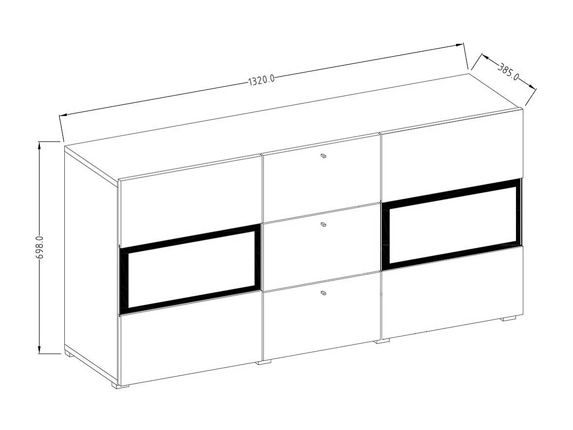 Buffet RAMOS – Coloris blanc brillant et noir – LED multicolores intégrées - 2 portes vitrées + 3 tiroirs
