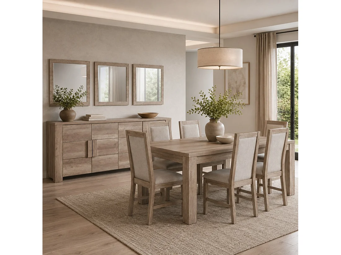 Buffet 4 portes FARRA avec 3 miroirs carrés – Chêne dab sonoma – 216 x 85 x 47 cm