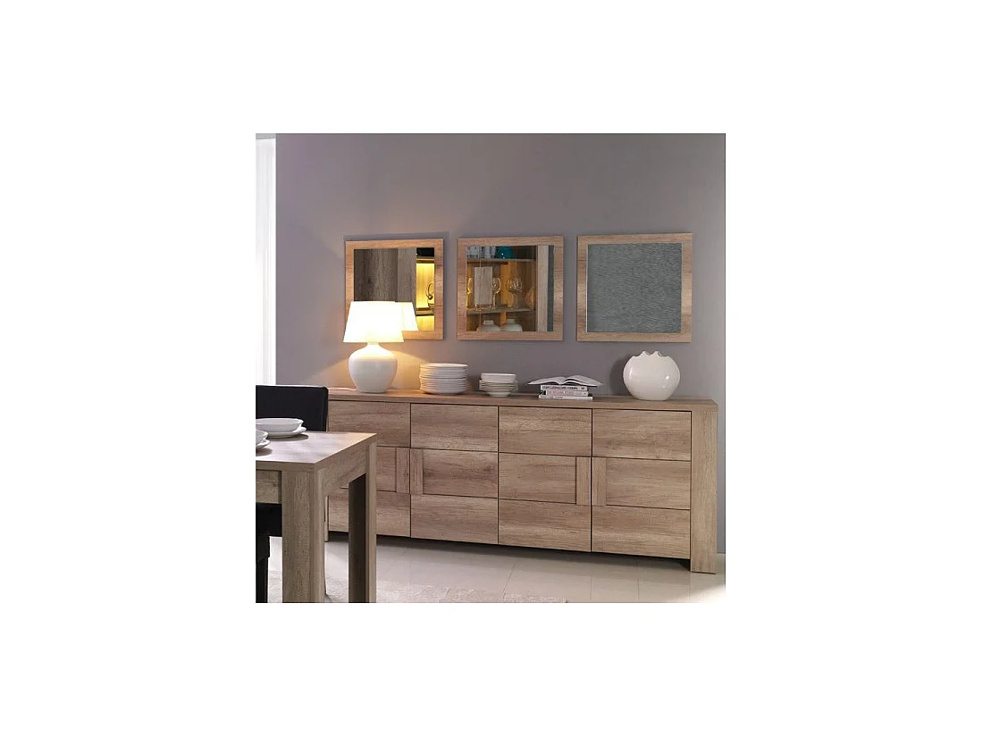 Buffet 4 portes FARRA avec 3 miroirs carrés – Chêne dab sonoma – 216 x 85 x 47 cm