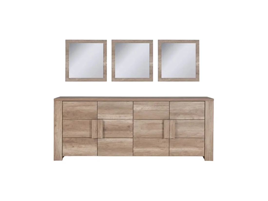 Buffet 4 portes FARRA avec 3 miroirs carrés – Chêne dab sonoma – 216 x 85 x 47 cm