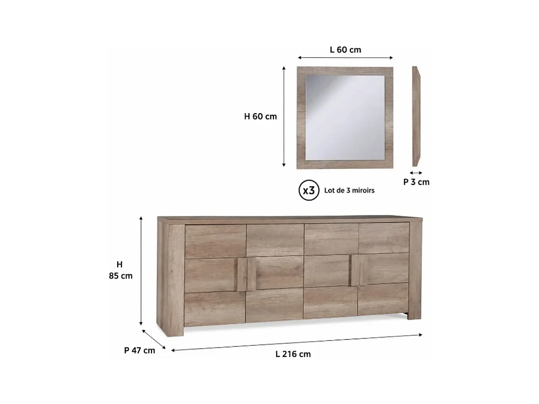 Buffet 4 portes FARRA avec 3 miroirs carrés – Chêne dab sonoma – 216 x 85 x 47 cm