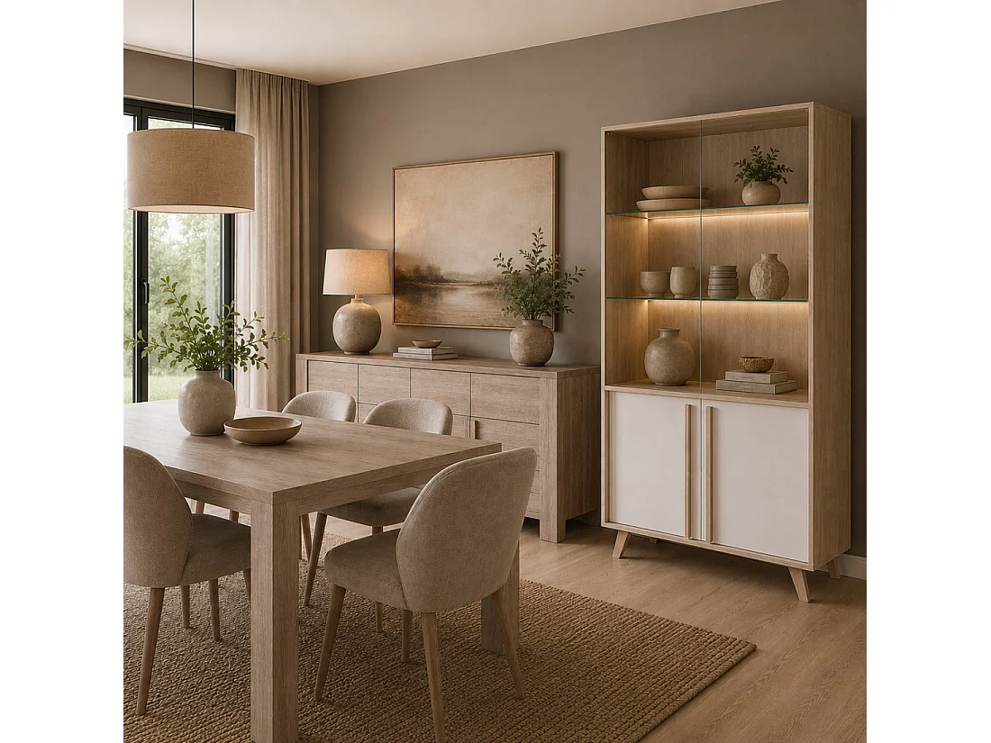 Vitrine, vaisselier, argentier MALMO grand modèle + LED. Meuble type SCANDINAVE idéal pour votre salle à manger