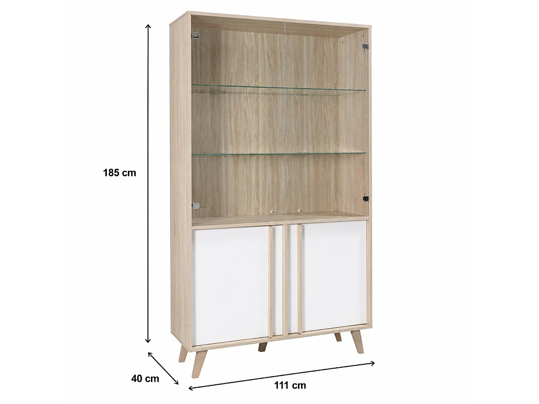 Vitrine, vaisselier, argentier MALMO grand modèle + LED. Meuble type SCANDINAVE idéal pour votre salle à manger
